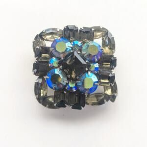 Vintage Judy Lee Silver Tone Prong Set Smokey AB Rhinestone Cluster Brooch